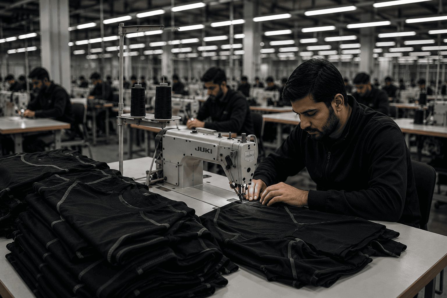 Busy sewing workshop in industrial setting