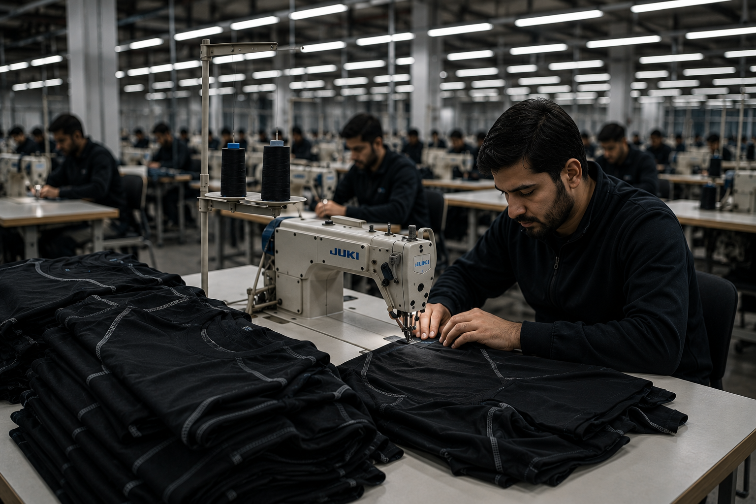 Busy sewing workshop in industrial setting