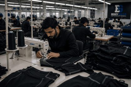 Private label activewear manufacturer sewing team stitching garments on the production floor