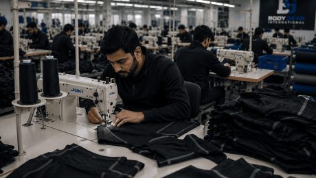 Custom Sportswear Manufacturer in Pakistan The Complete Sourcing Guide for Activewear & Fitness Brands 2026 Private label activewear manufacturer sewing team stitching garments on the production floor