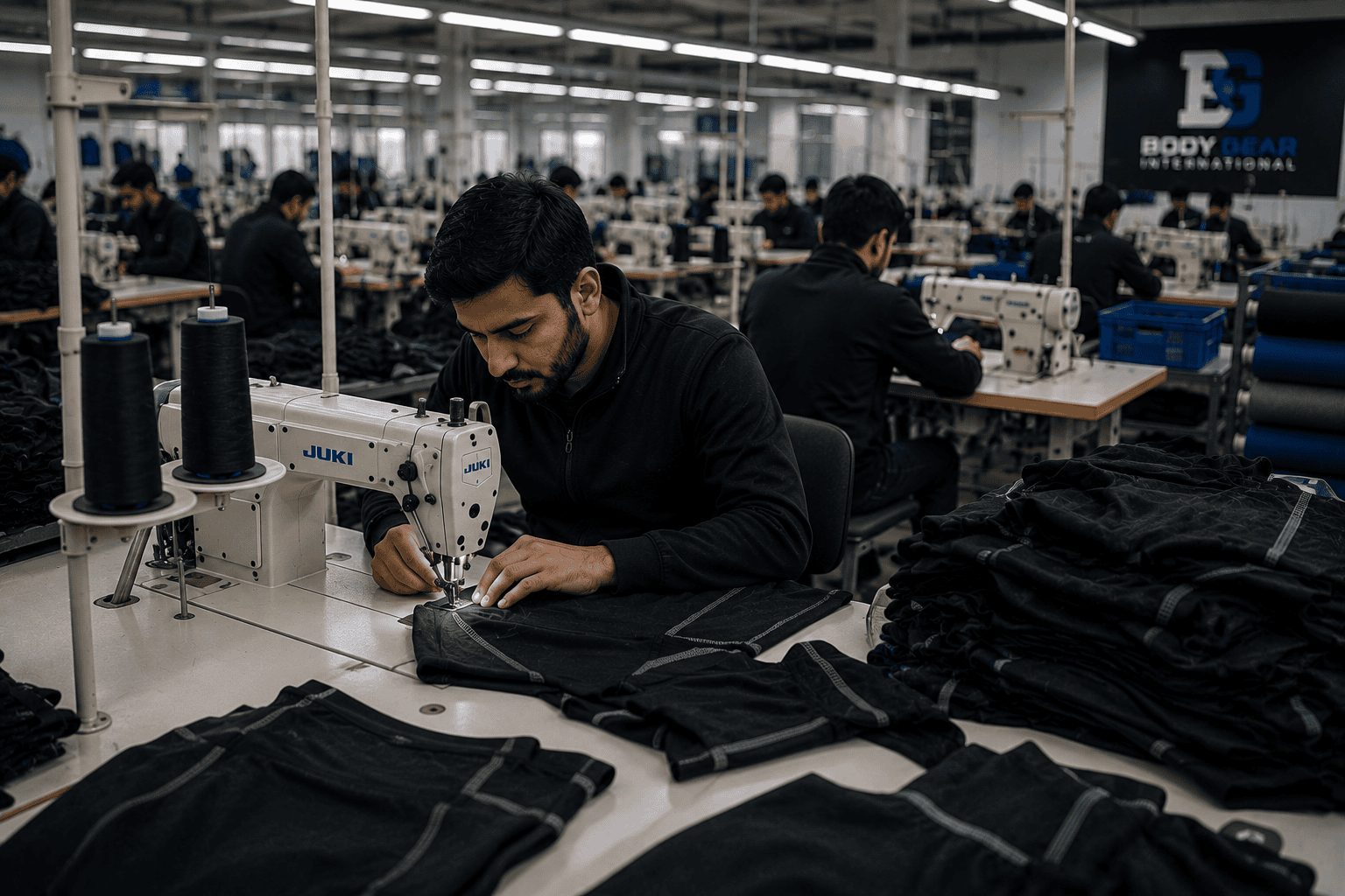 Private label activewear manufacturer sewing team stitching garments on the production floor