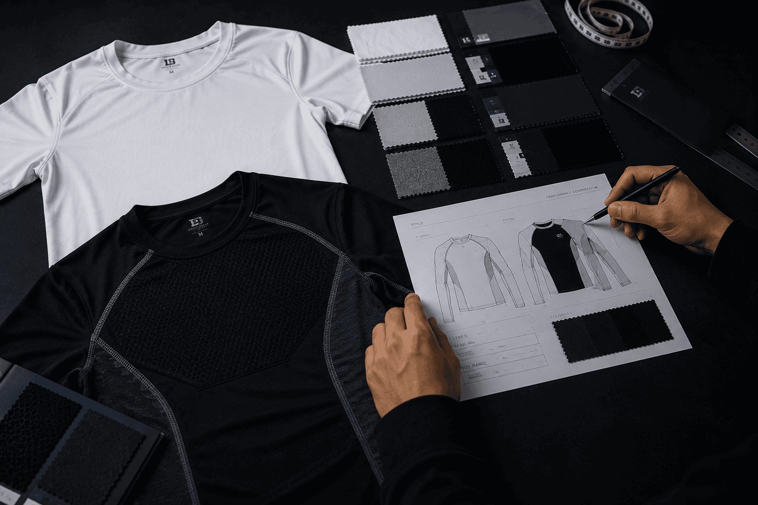 Custom sportswear manufacturer Pakistan design workspace and fabric swatches