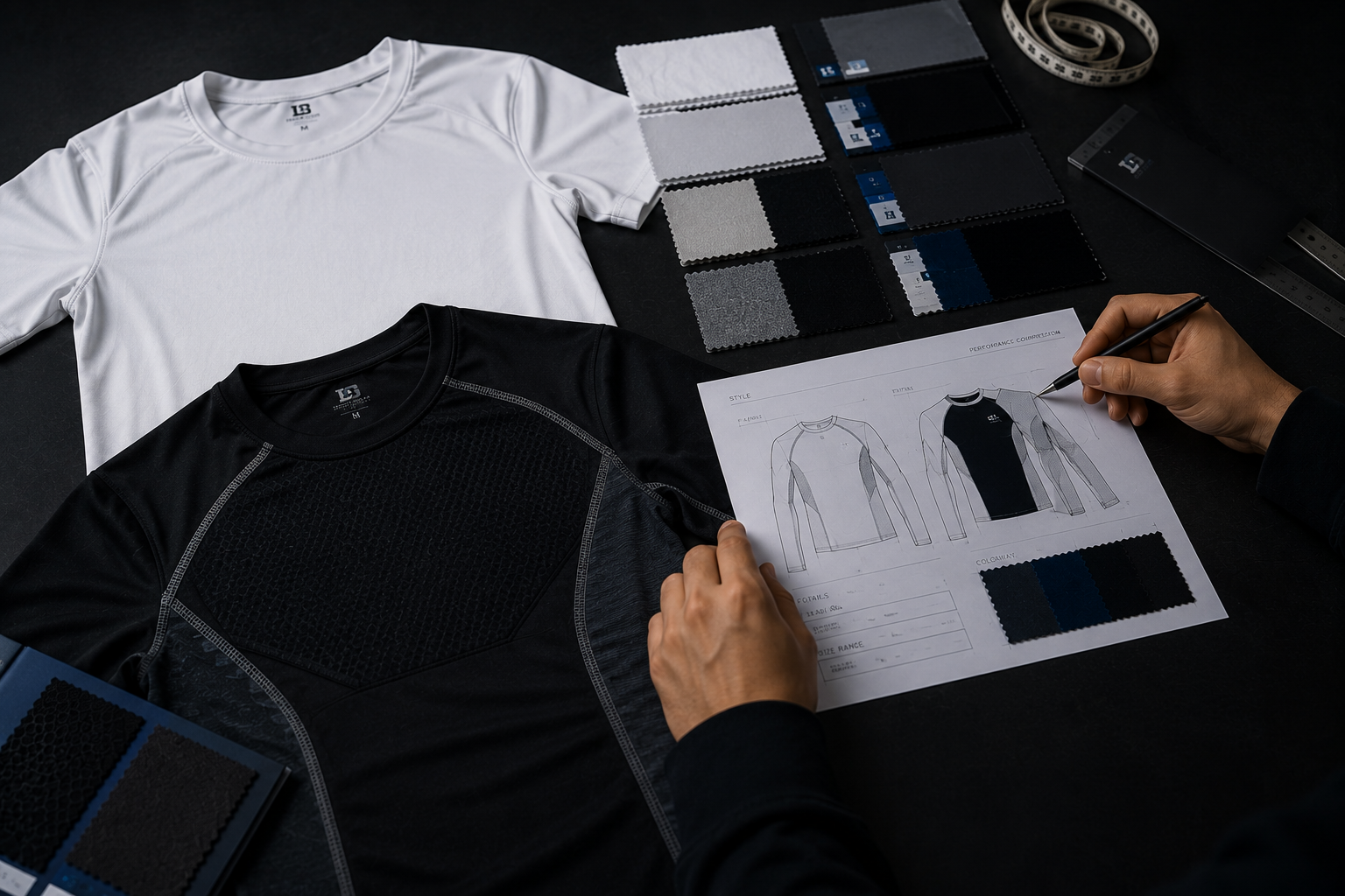 Sportswear design workspace and fabric swatches

