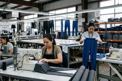 Private label activewear brand founder reviewing garment samples on the factory production floor