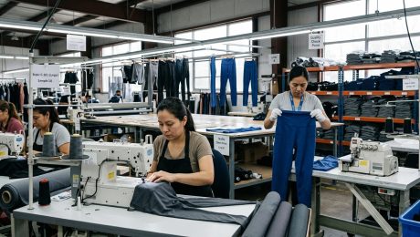 Private label activewear brand founder reviewing garment samples on the factory production floor